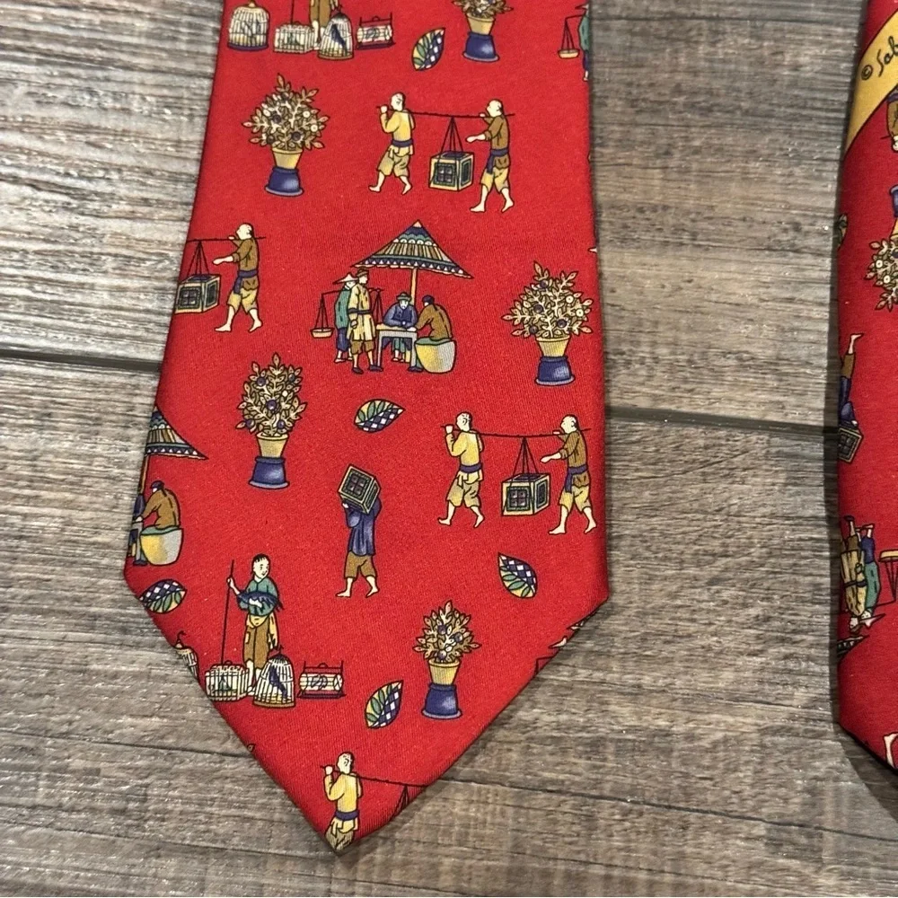 Salvatore Ferragamo Silk Tie Red Asian Scene Novelty Print Made in Italy